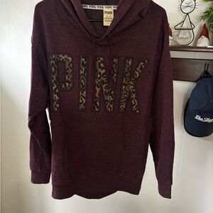 Deep Plum Hoodie with Leopard Print 'PINK' Logo